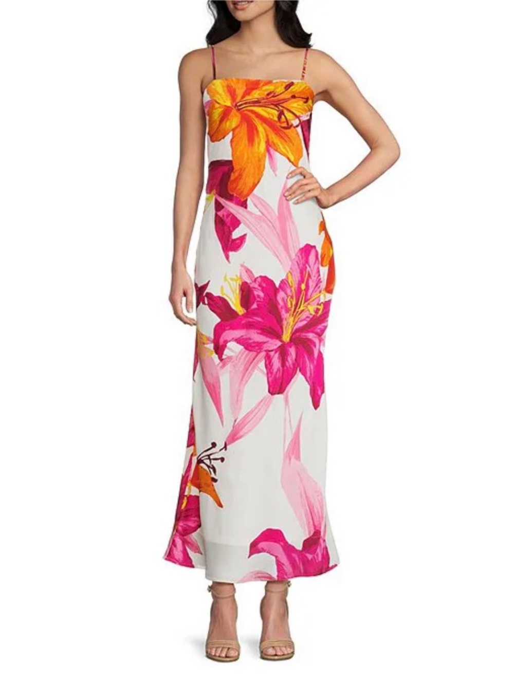 Midnight Doll Slip Dress in White with Pink & Orange Bloom